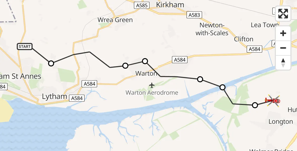 Flight route Air Ambulance Helicopter Lytham St Annes - Longton, 24 June 2026, 16:04