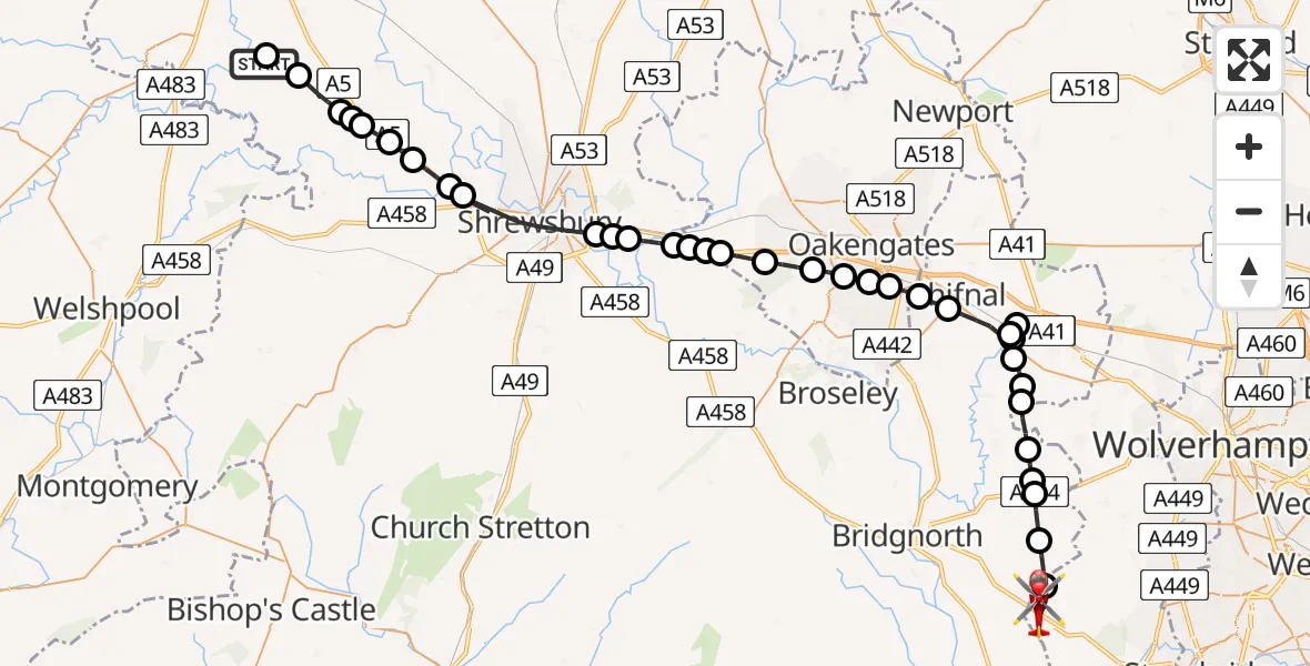 Flight route Air Ambulance Helicopter Knockin - Bobbington, 24 June 2026, 16:11