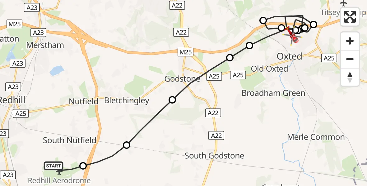 Flight route Air Ambulance Helicopter Redhill Aerodrome - Oxted, 24 June 2026, 16:12