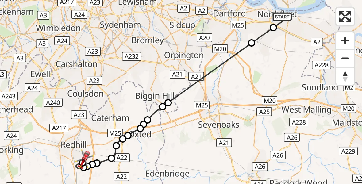 Flight route Air Ambulance Helicopter Northfleet - Redhill Aerodrome, 24 June 2026, 16:29