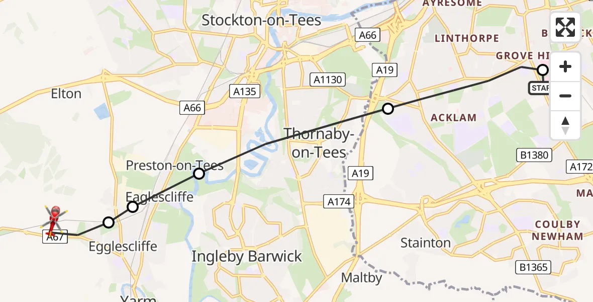 Flight route Air Ambulance Helicopter James Cook University Hospital - Egglescliffe, 24 June 2026, 16:33