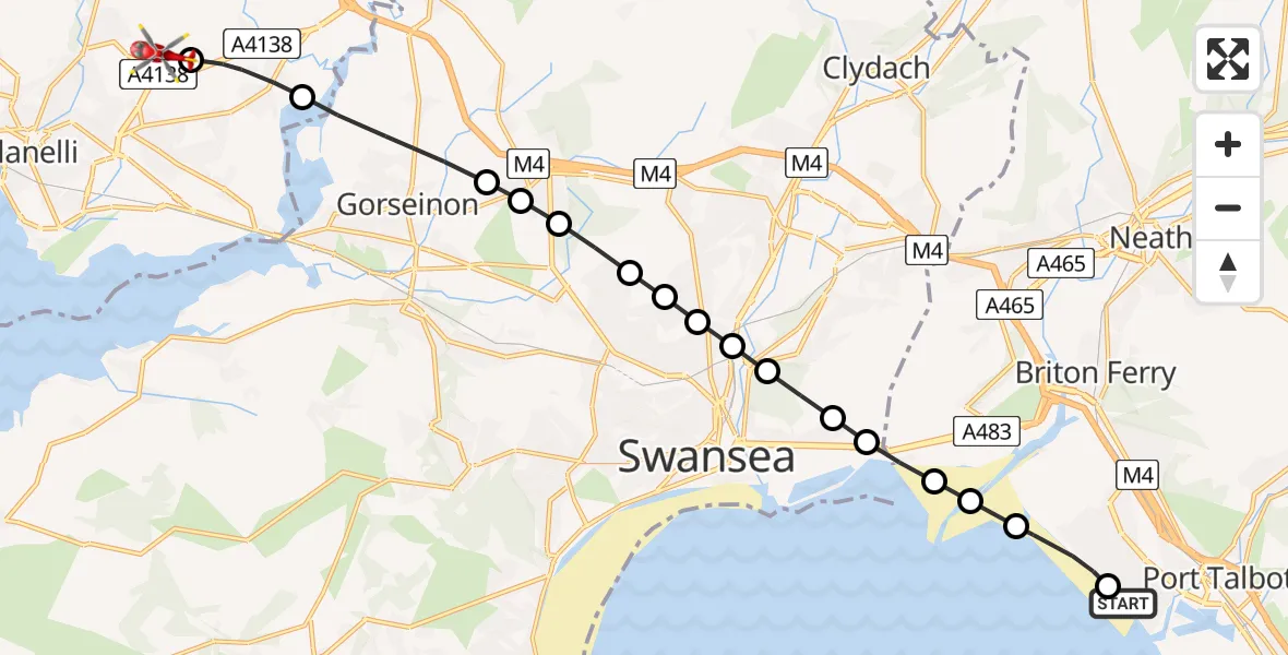 Flight route Air Ambulance Helicopter Sandfields East - Dafen, 24 June 2026, 16:43