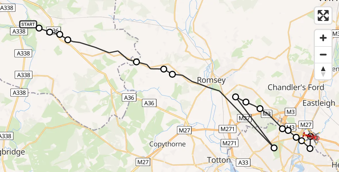 Flight route Air Ambulance Helicopter Alderbury - Mansbridge, 24 June 2026, 16:47