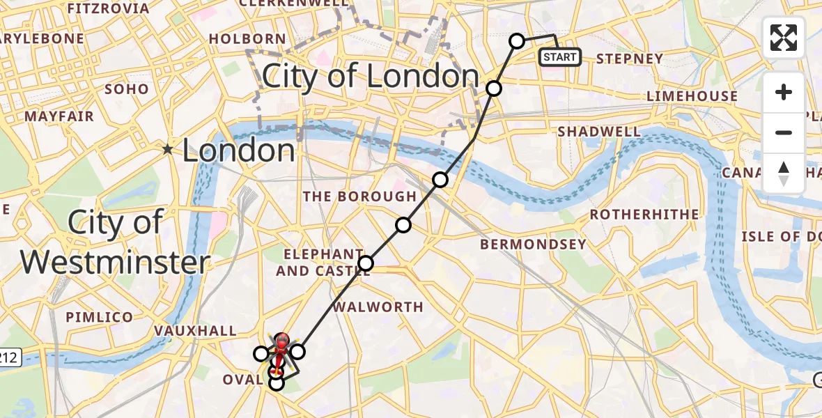 Flight route Air Ambulance Helicopter Royal London Hospital - Kennington, 24 June 2026, 16:57