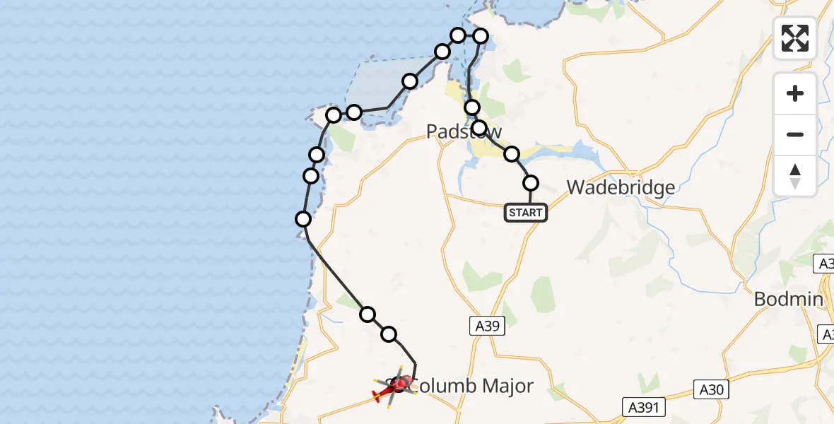 Flight route Air Ambulance Helicopter St Issey - Cornwall Airport Newquay, 24 June 2026, 17:02