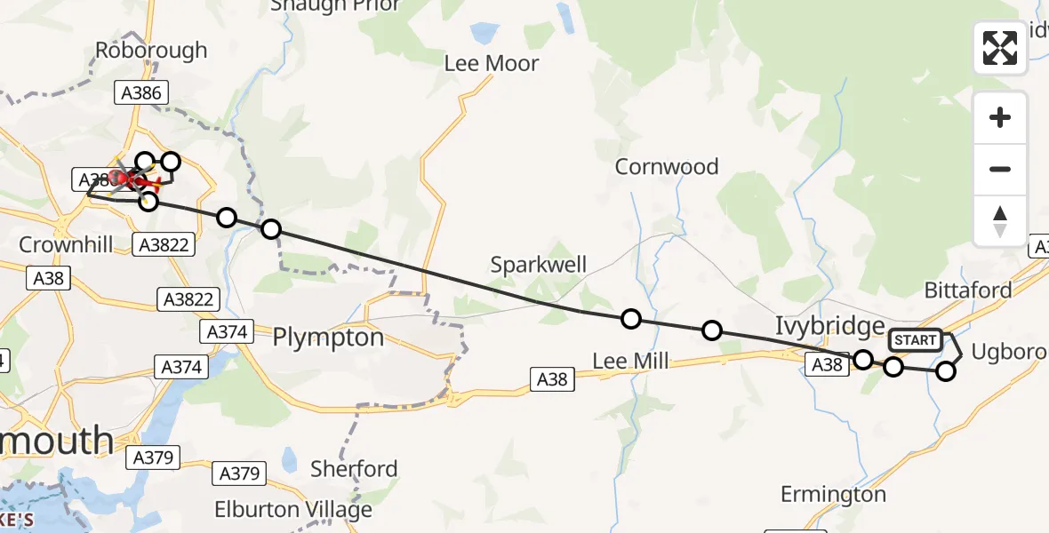 Flight route Air Ambulance Helicopter Bittaford - Derriford Hospital, 24 June 2026, 17:03