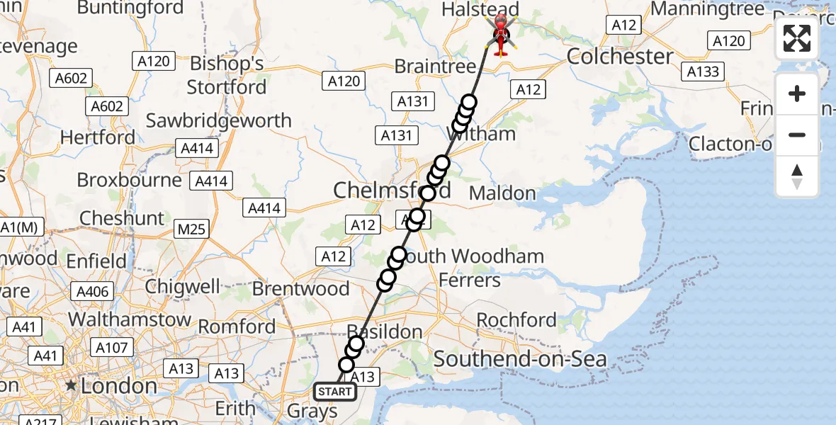 Flight route Air Ambulance Helicopter Orsett - Earls Colne Airfield, 24 June 2026, 17:13