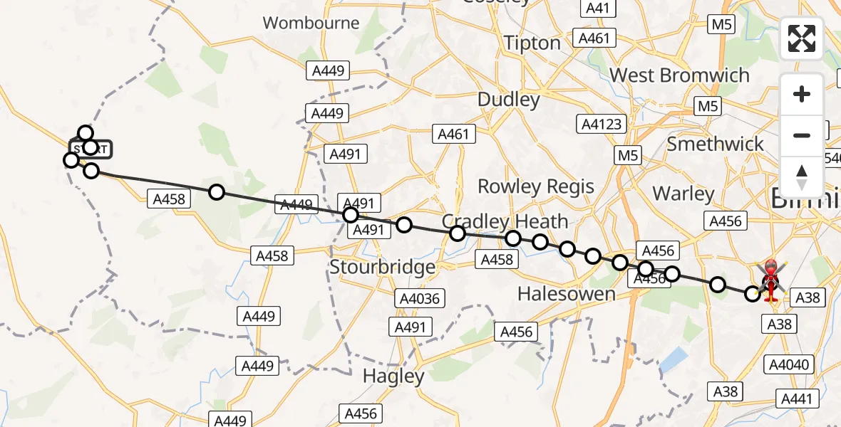 Flight route Air Ambulance Helicopter Bobbington - Queen Elizabeth Hospital Helipad, 24 June 2026, 17:16