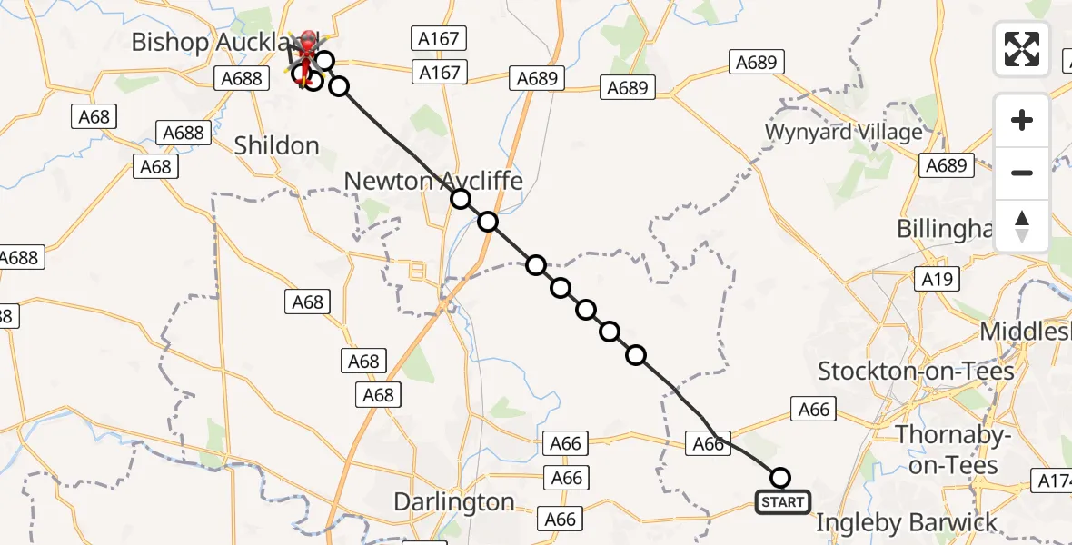 Flight route Air Ambulance Helicopter Egglescliffe - Coundon, 24 June 2026, 17:16