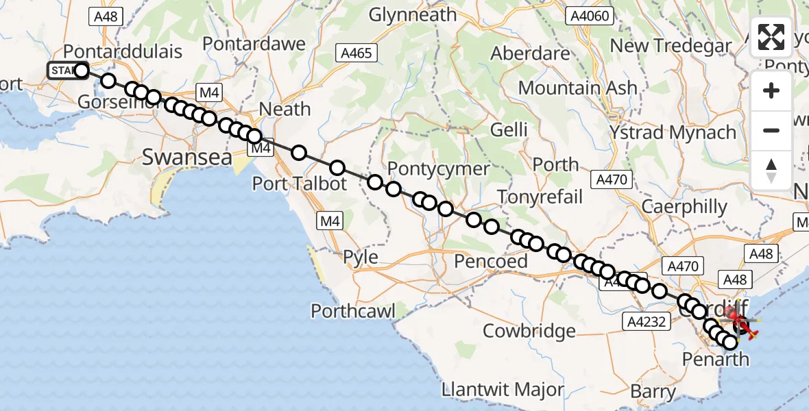 Flight route Air Ambulance Helicopter Dafen - Cardiff Heliport, 24 June 2026, 17:20