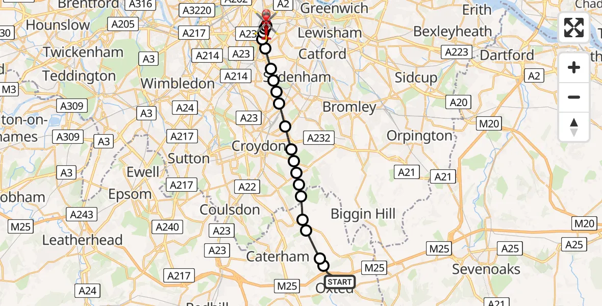 Flight route Air Ambulance Helicopter Limpsfield - Kings College London Hospital, 24 June 2026, 17:22