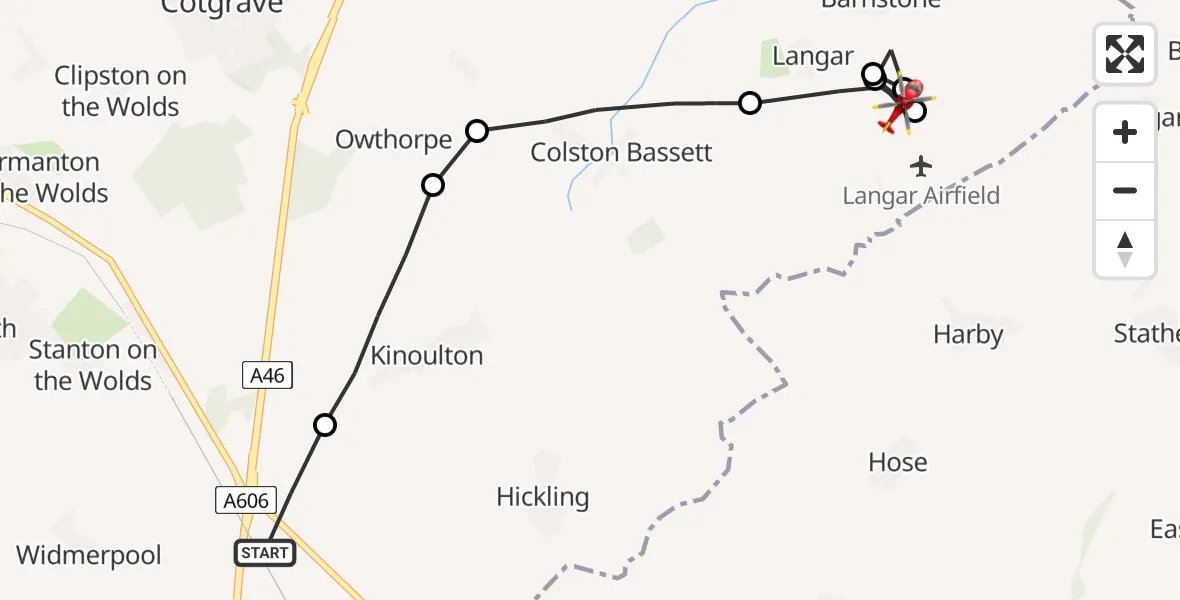 Flight route Air Ambulance Helicopter Hickling - Rushcliffe, 24 June 2026, 17:24