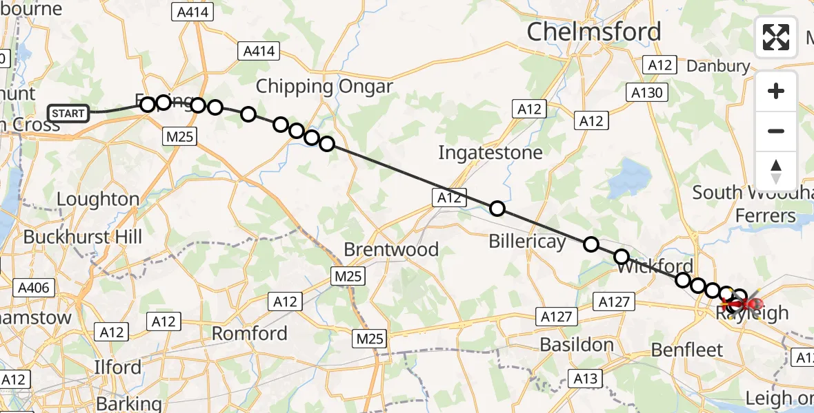 Flight route Air Ambulance Helicopter Epping Forest - Rayleigh, 24 June 2026, 17:33