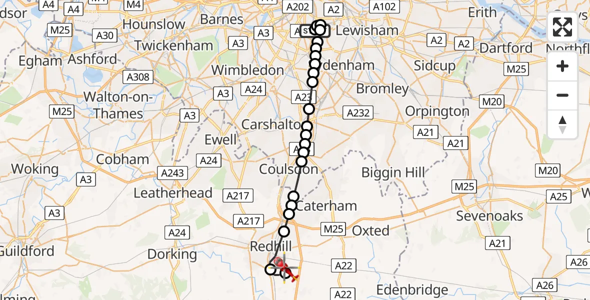 Flight route Air Ambulance Helicopter Herne Hill - Redhill Aerodrome, 24 June 2026, 17:44