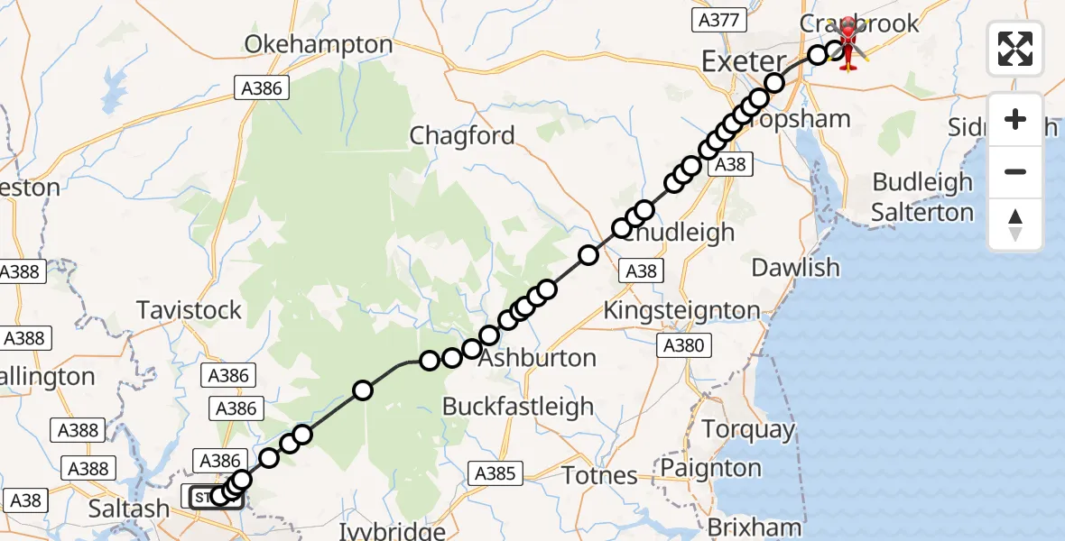 Flight route Air Ambulance Helicopter Derriford Hospital - Exeter International Airport, 24 June 2026, 17:46