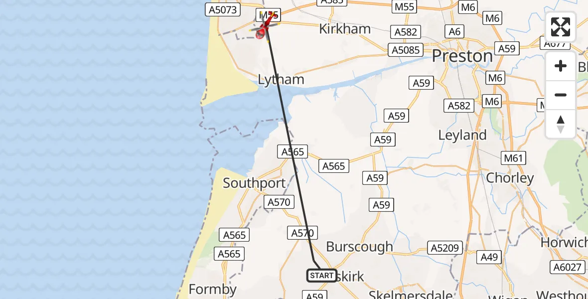 Flight route Air Ambulance Helicopter Ormskirk - Fylde, 24 June 2026, 17:53