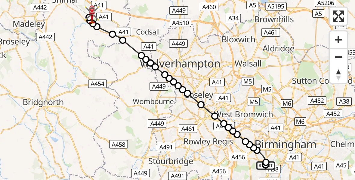 Flight route Air Ambulance Helicopter Queen Elizabeth Hospital Helipad - Cosford, 24 June 2026, 18:00