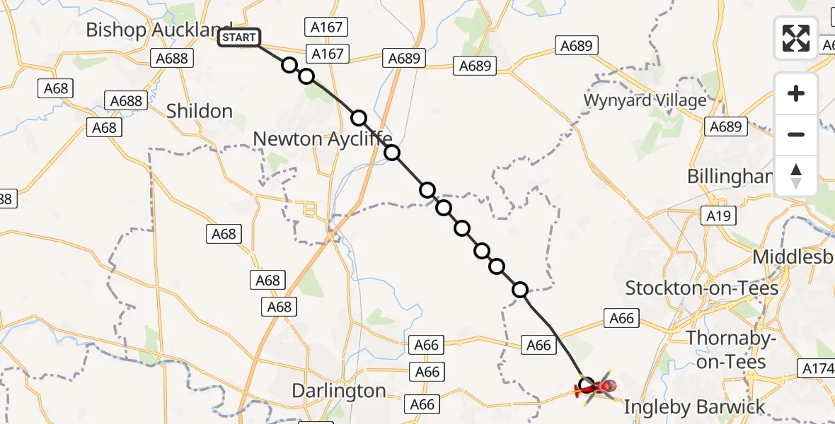 Flight route Air Ambulance Helicopter Coundon - Egglescliffe, 24 June 2026, 18:04