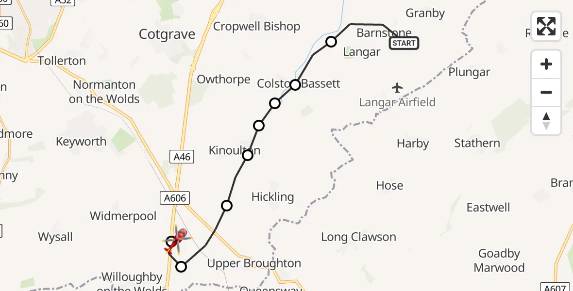 Flight route Air Ambulance Helicopter Rushcliffe - Nottingham Heliport, 24 June 2026, 18:07