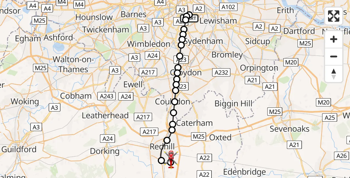 Flight route Air Ambulance Helicopter Kings College London Hospital - Redhill Aerodrome, 24 June 2026, 18:08