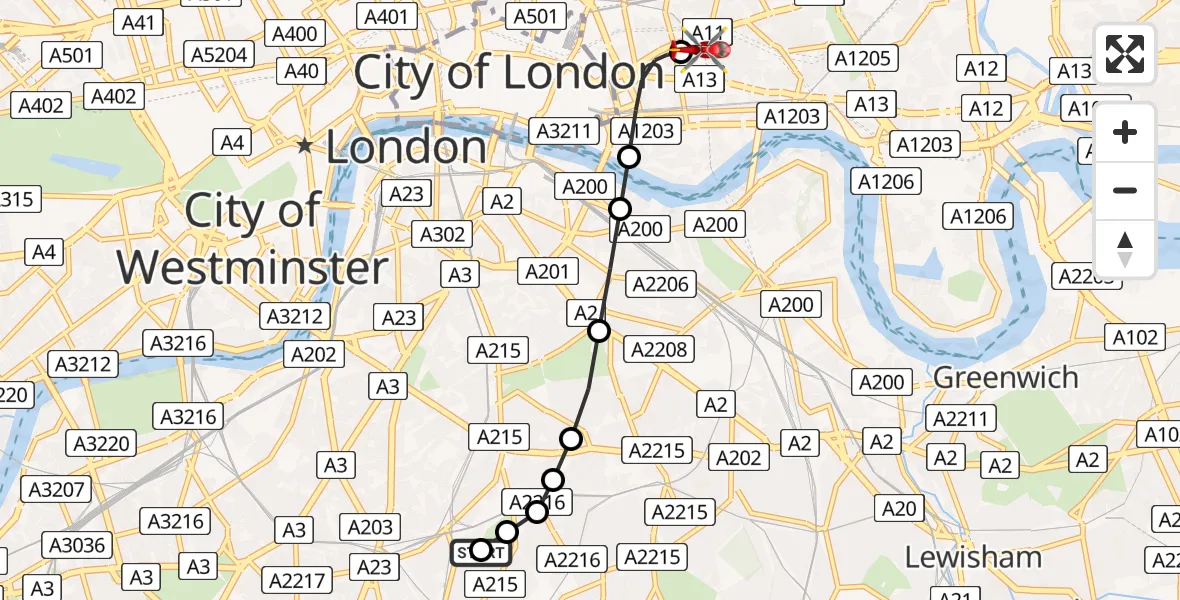 Flight route Air Ambulance Helicopter Loughborough Junction - Royal London Hospital, 24 June 2026, 18:18