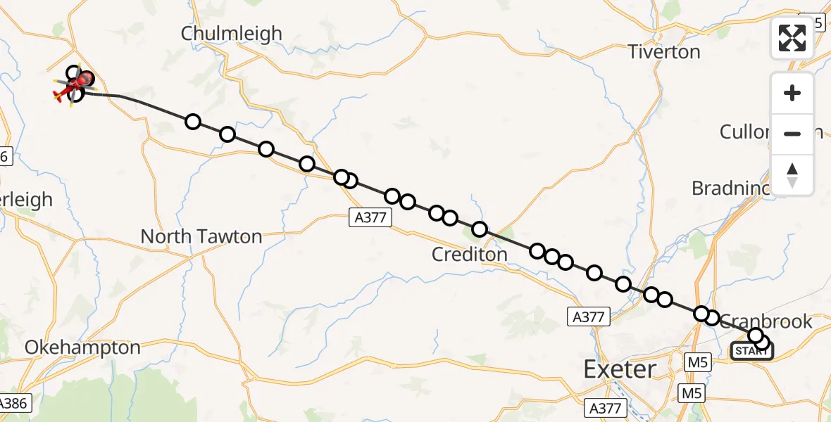 Flight route Air Ambulance Helicopter Exeter International Airport - Dolton, 24 June 2026, 18:27