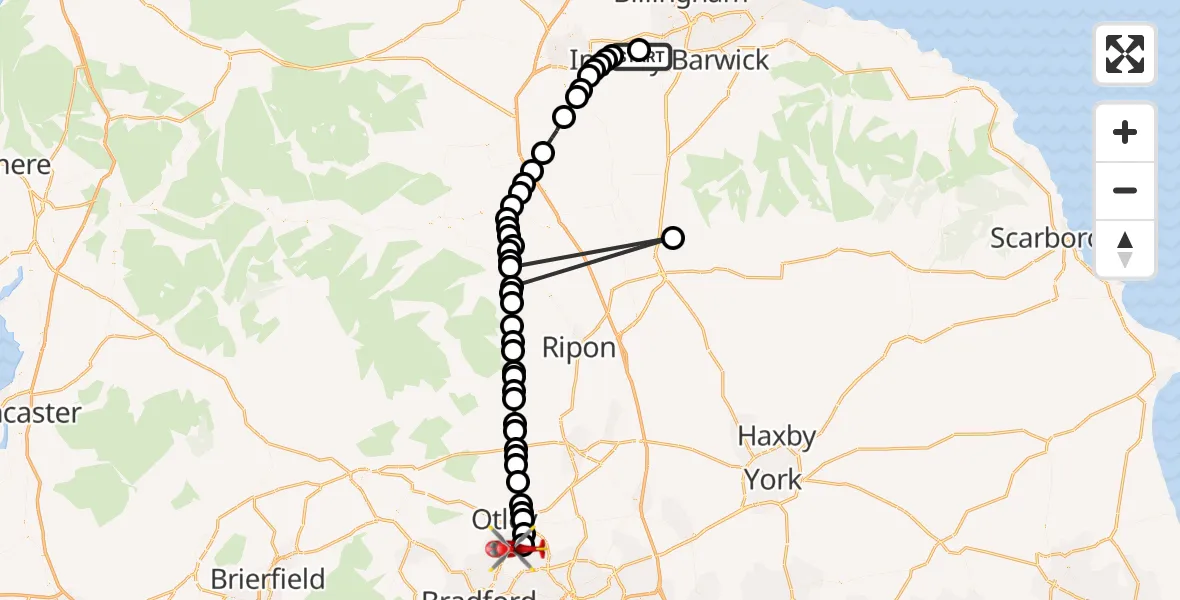 Flight route Air Ambulance Helicopter Egglescliffe - Leeds Bradford Airport, 24 June 2026, 18:30