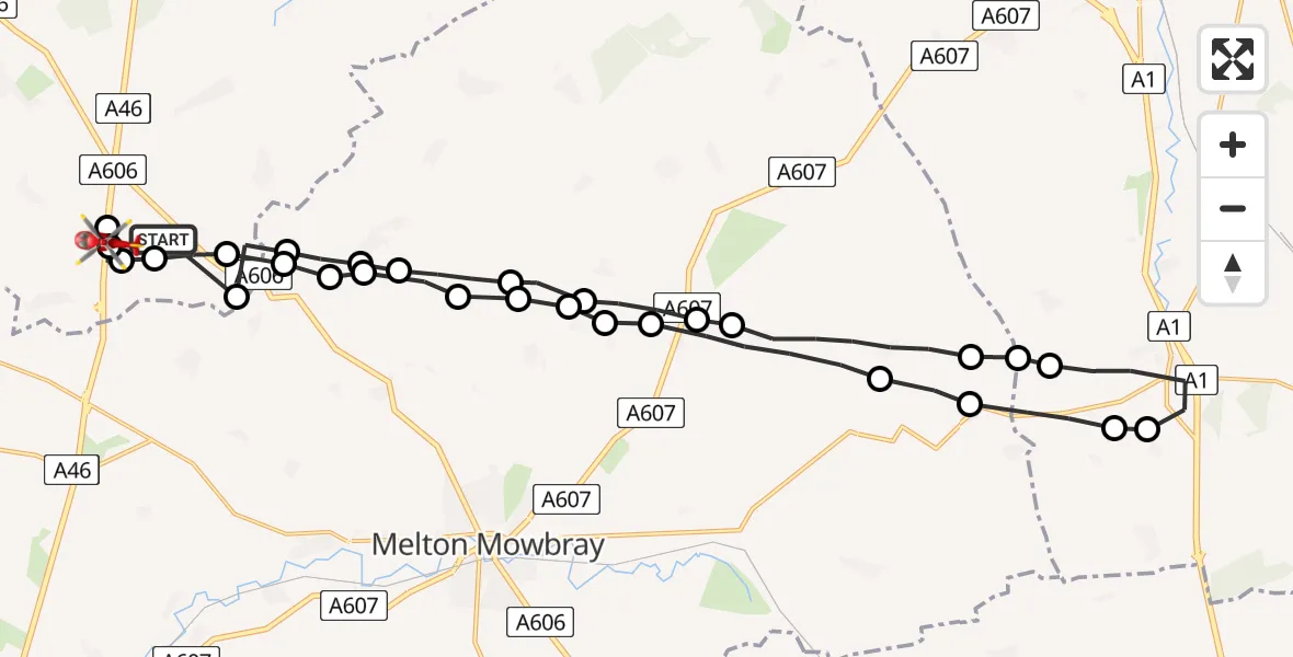 Flight route Air Ambulance Helicopter Hickling - Nottingham Heliport, 24 June 2026, 18:39