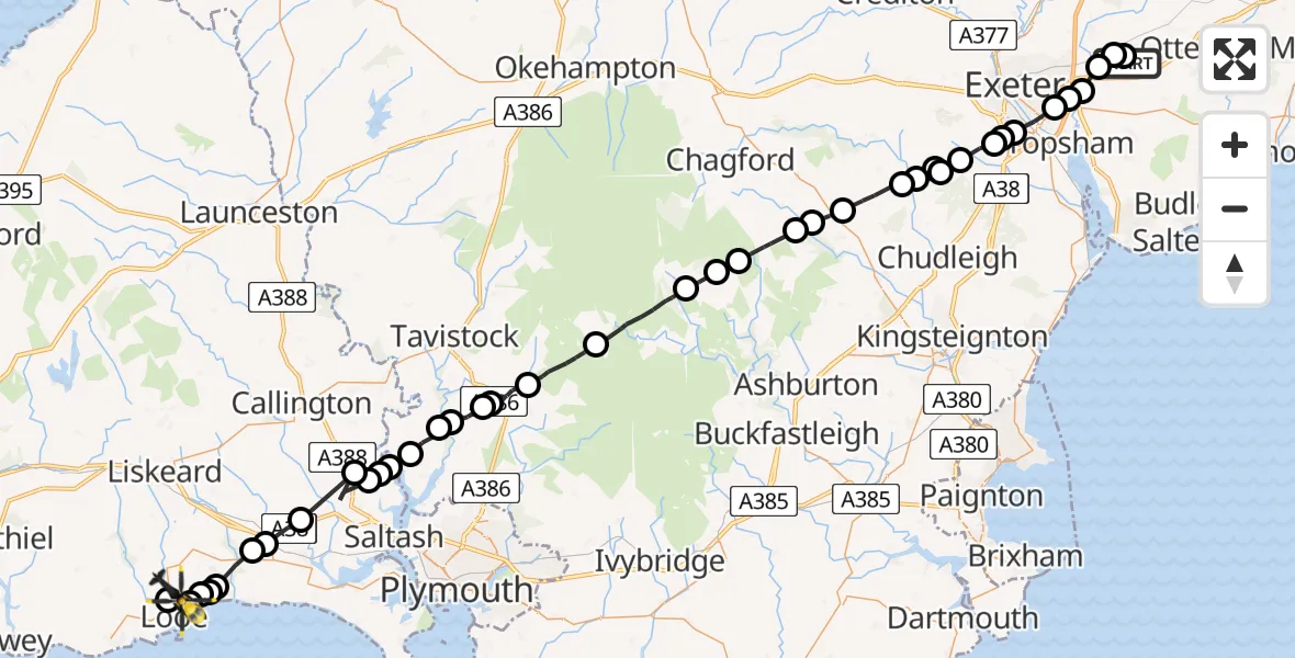 Flight route Police Helicopter Exeter International Airport - Tredinnick, 24 June 2026, 18:40