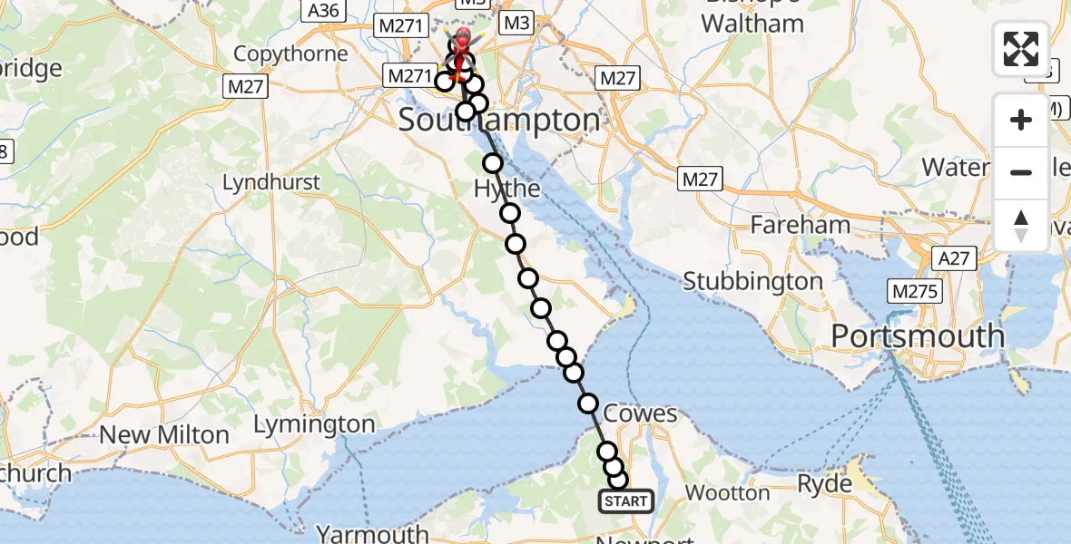 Flight route Air Ambulance Helicopter Newport - University Hospital Southampton, 24 June 2026, 18:42