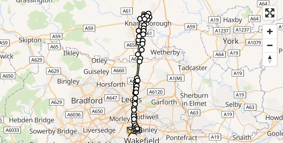 Flight route Police Helicopter Carr Gate - East Ardsley, 24 June 2026, 18:43