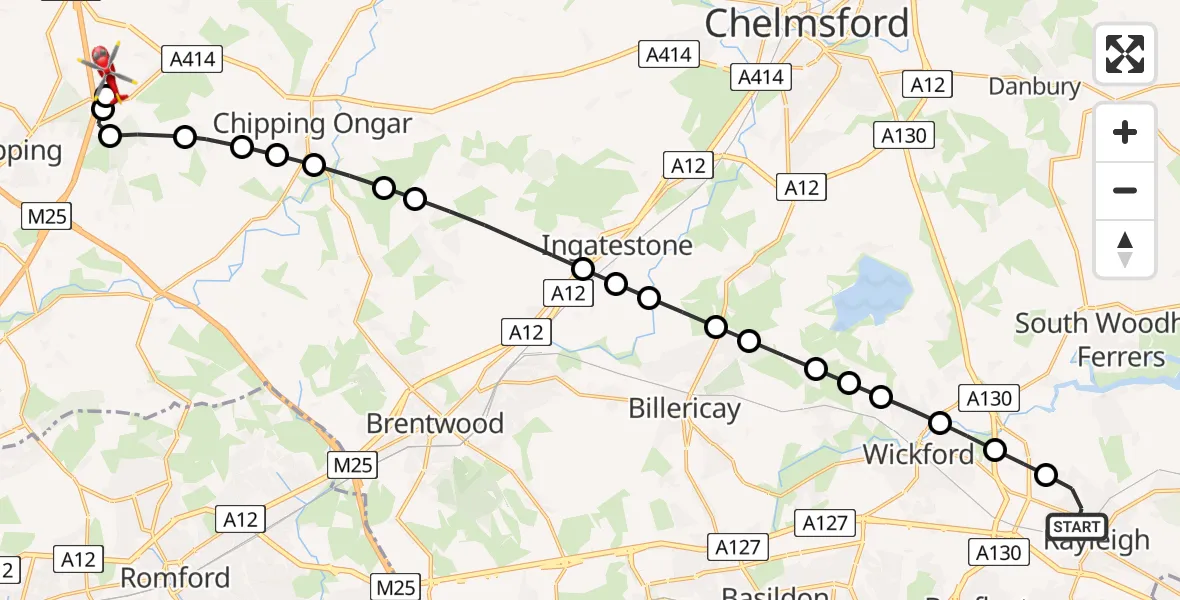 Flight route Air Ambulance Helicopter Rayleigh - North Weald Airfield, 24 June 2026, 18:52