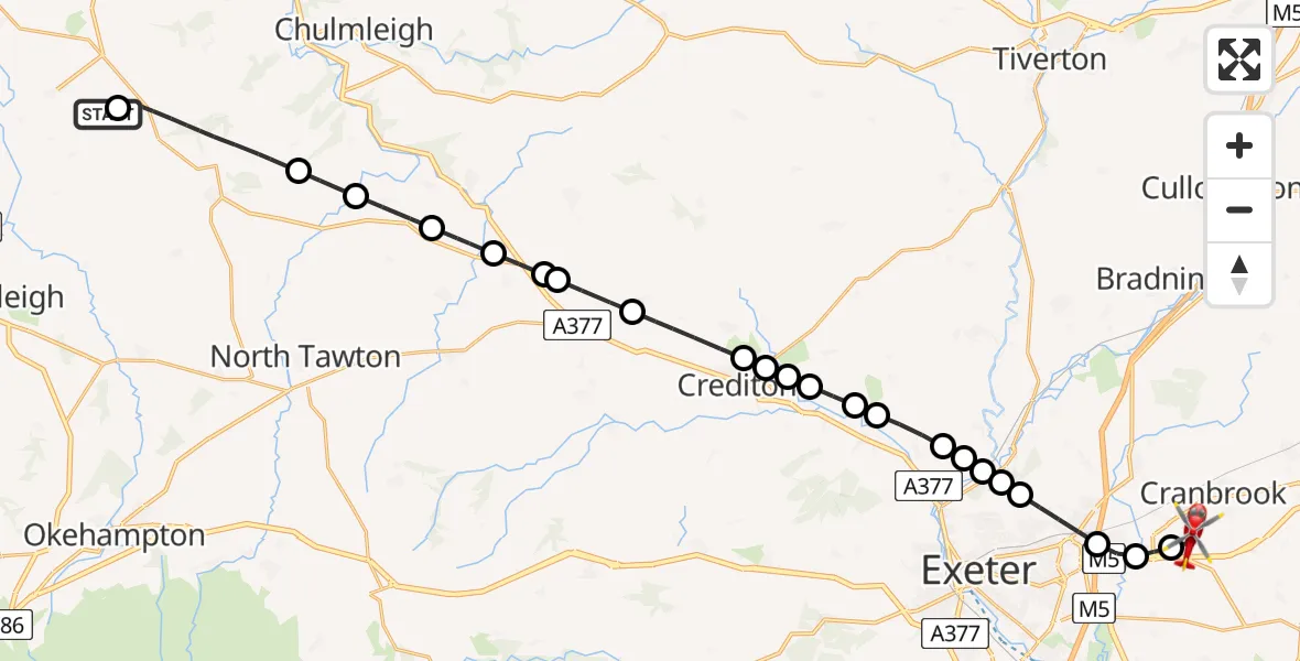 Flight route Air Ambulance Helicopter Riddlecombe - Exeter International Airport, 24 June 2026, 18:56