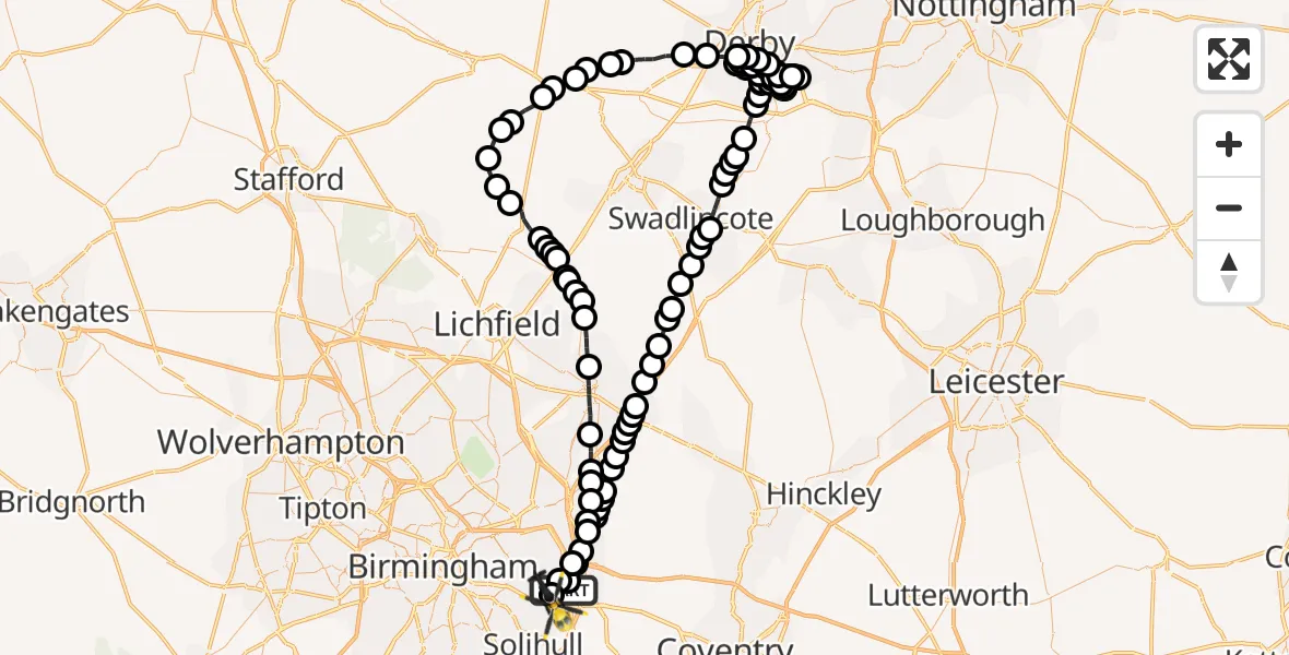 Flight route Police Helicopter Birmingham Airport - Solihull, 24 June 2026, 19:01