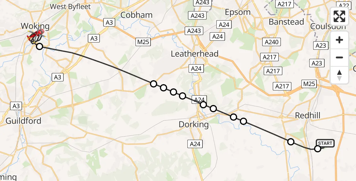 Flight route Air Ambulance Helicopter Redhill Aerodrome - Woking, 24 June 2026, 19:04