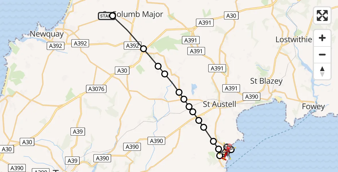 Flight route Air Ambulance Helicopter Cornwall Airport Newquay - Mevagissey, 24 June 2026, 19:08