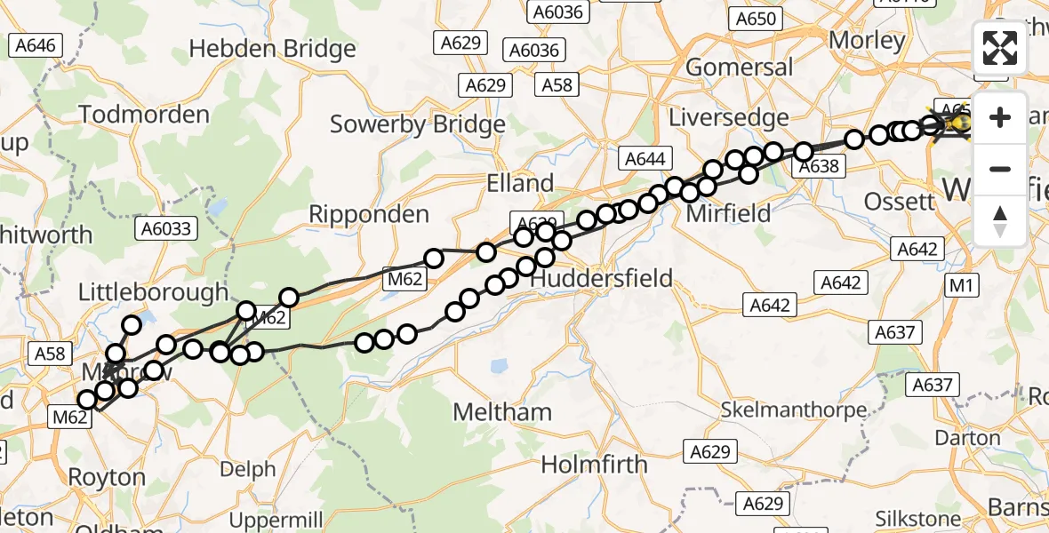 Flight route Police Helicopter East Ardsley - East Ardsley, 24 June 2026, 19:14
