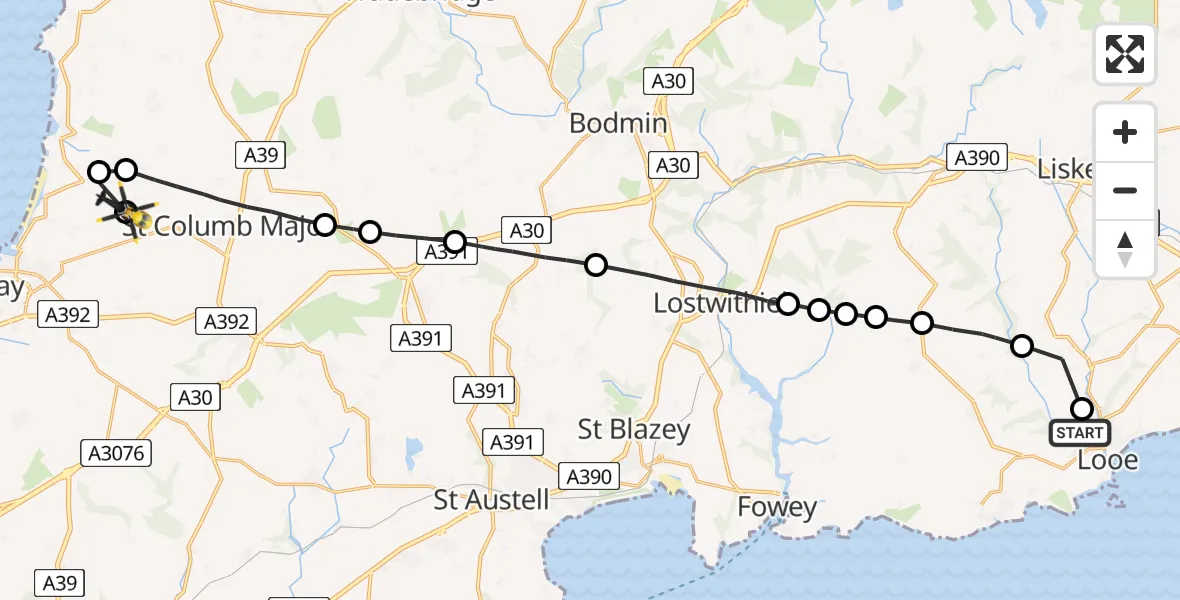 Flight route Police Helicopter Looe - Cornwall Airport Newquay, 24 June 2026, 19:32