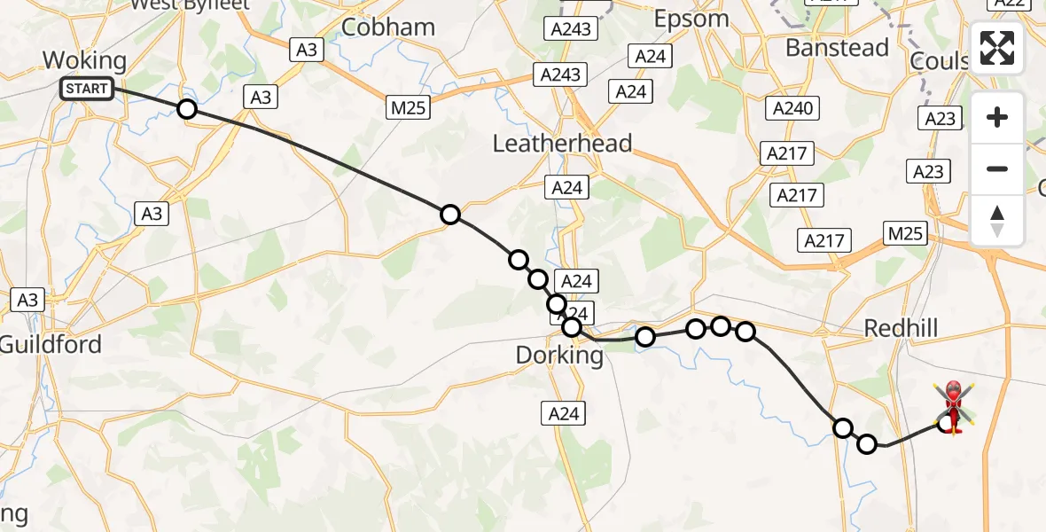 Flight route Air Ambulance Helicopter Woking - Redhill Aerodrome, 24 June 2026, 19:46