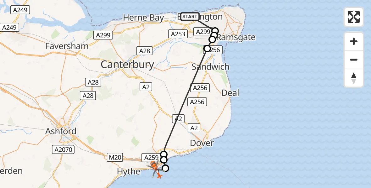 Flight route Coastguard Helicopter Minnis Bay - English Channel, 24 June 2026, 19:57