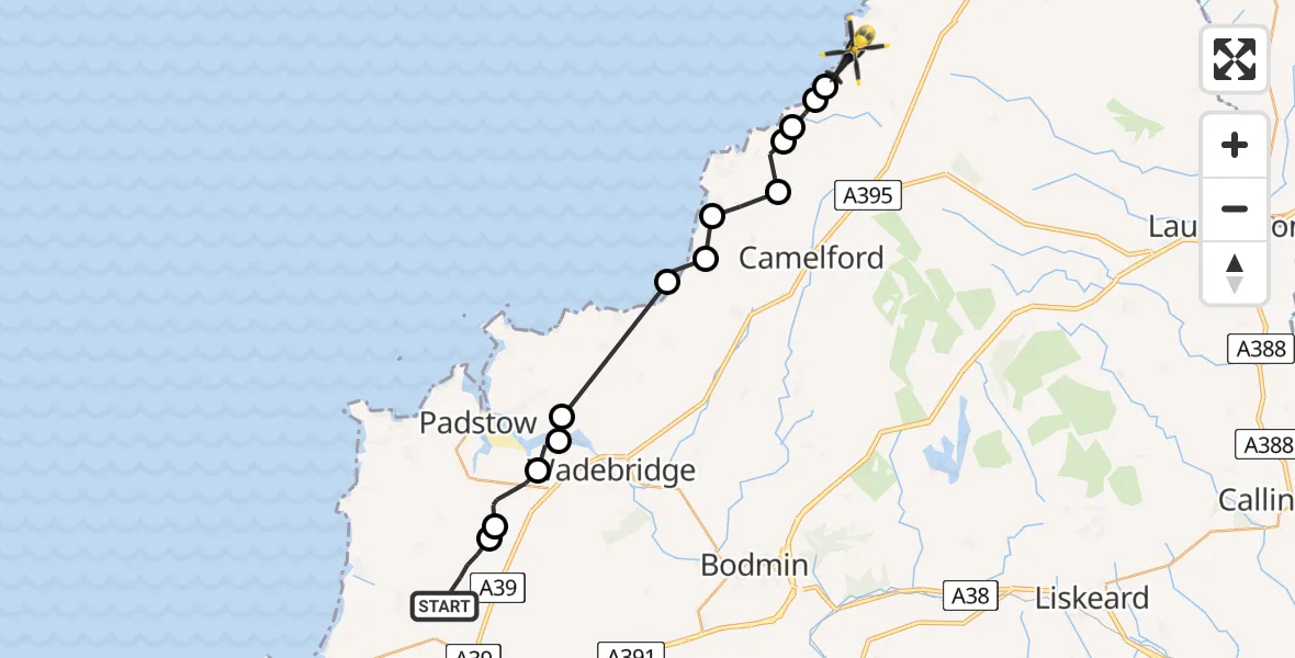 Flight route Police Helicopter St. Columb Major - St. Juliot, 24 June 2026, 20:03