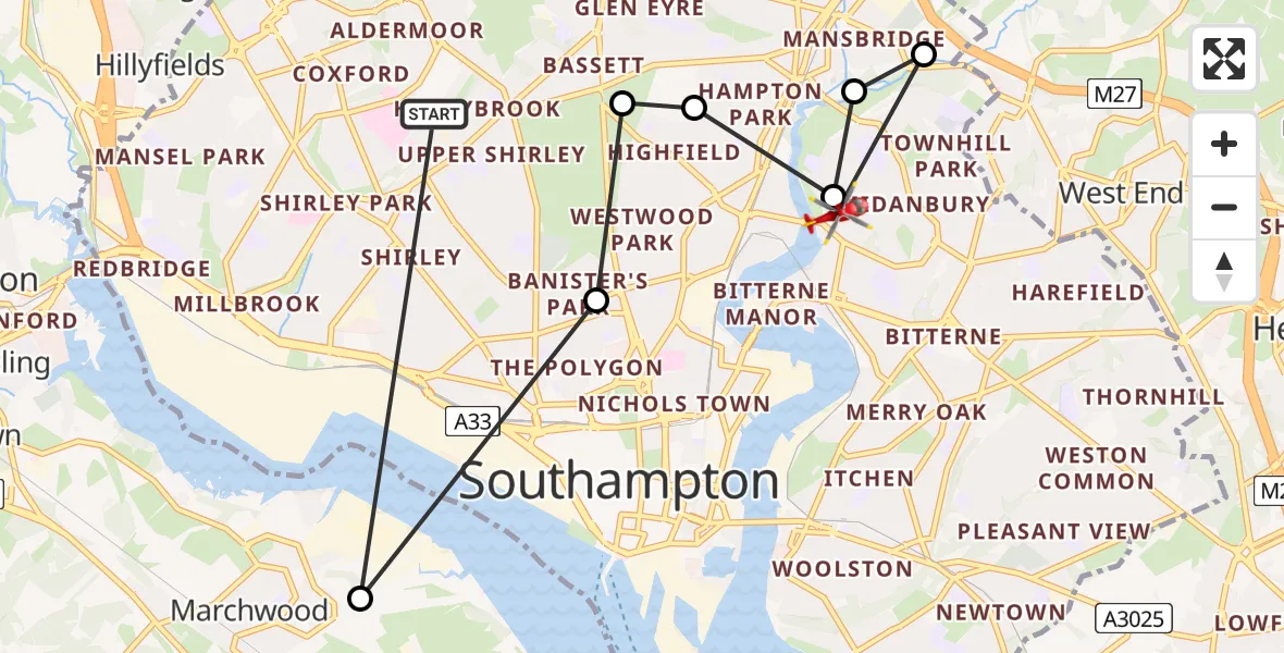 Flight route Air Ambulance Helicopter University Hospital Southampton - St Denys, 24 June 2026, 20:07