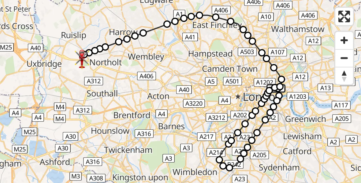 Flight route Air Ambulance Helicopter Royal London Hospital - RAF Northolt, 24 June 2026, 20:08