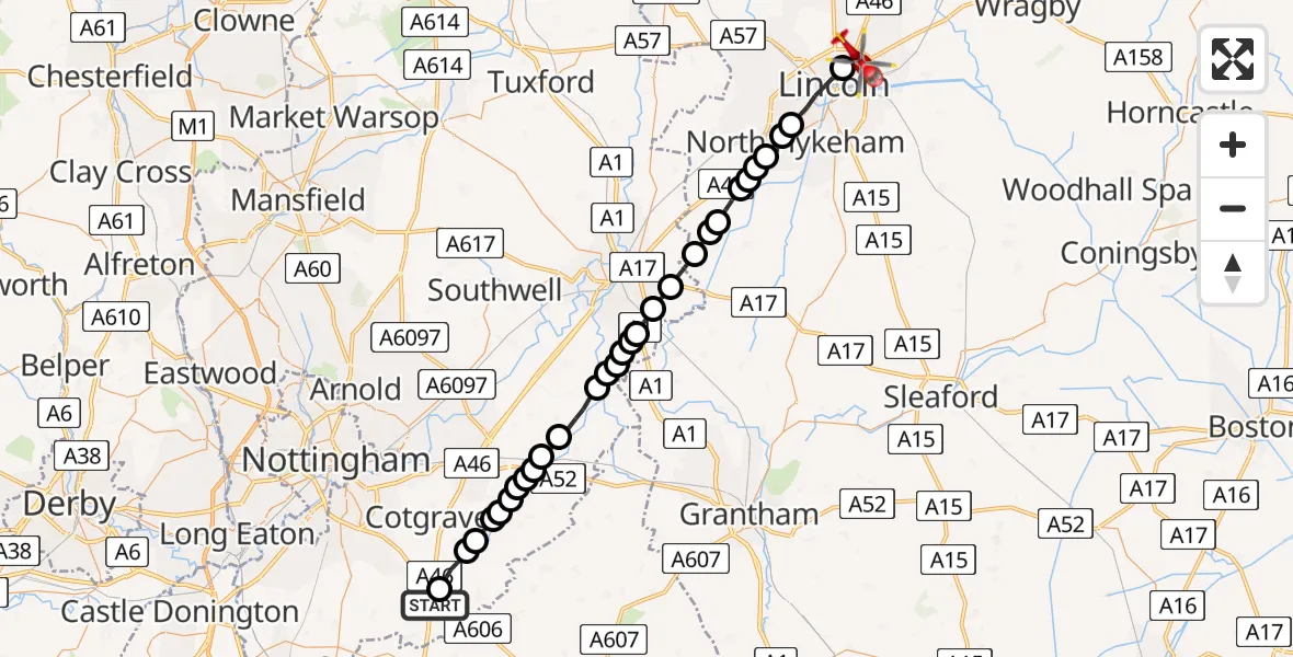 Flight route Air Ambulance Helicopter Hickling - Lincoln, 24 June 2026, 20:14
