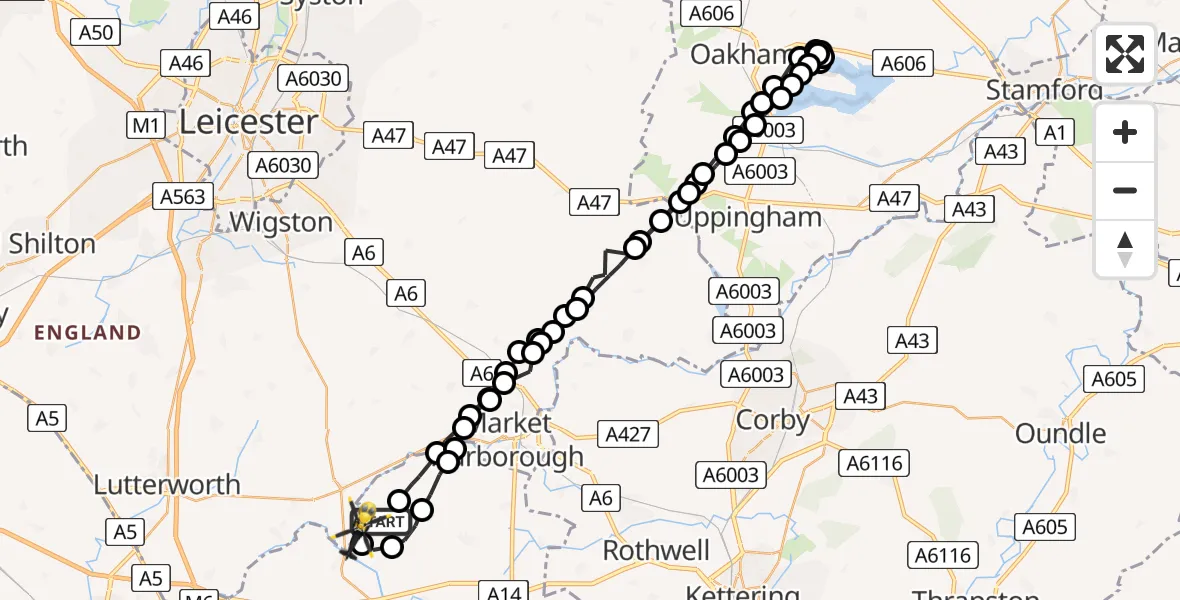 Flight route Police Helicopter Sibbertoft - Welford, 24 June 2026, 20:15