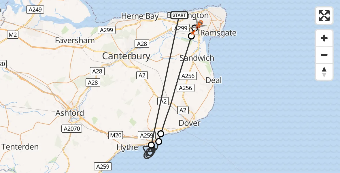 Flight route Coastguard Helicopter Minnis Bay - Manston Airport, 24 June 2026, 20:23