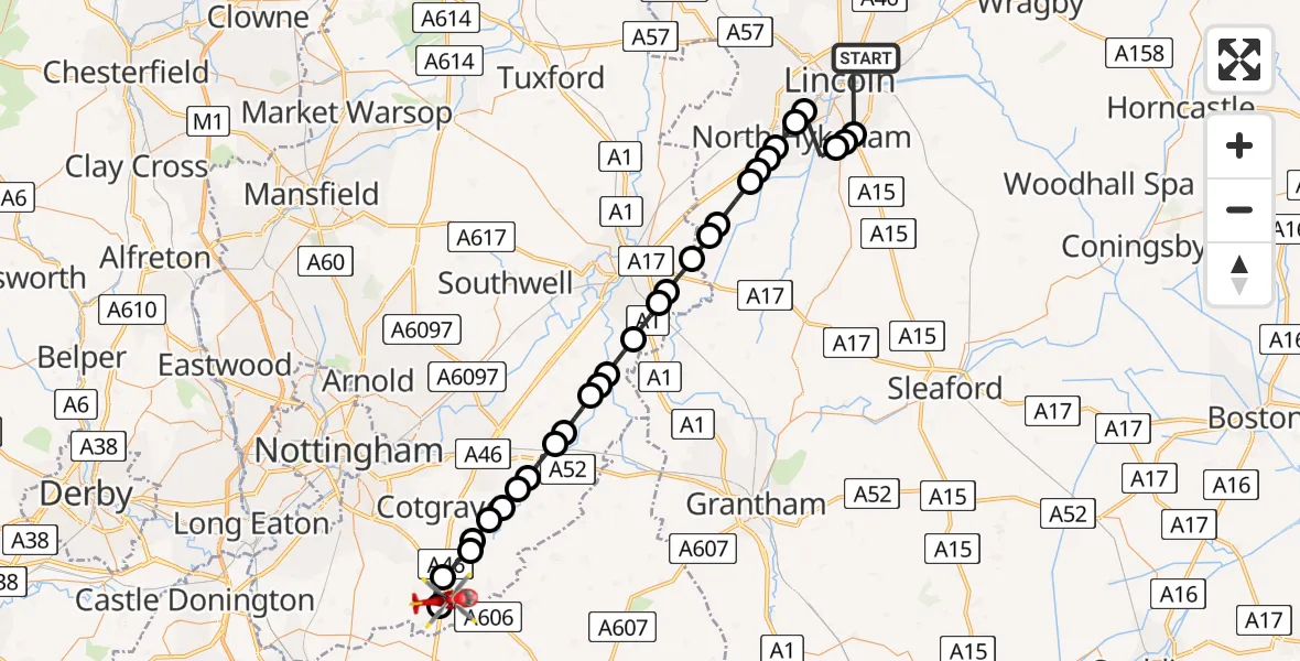 Flight route Air Ambulance Helicopter Lincoln - Nottingham Heliport, 24 June 2026, 20:37