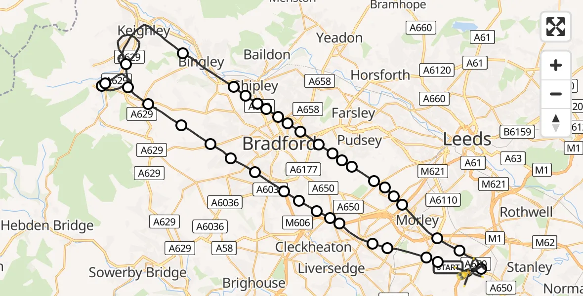 Flight route Police Helicopter Woodkirk - East Ardsley, 24 June 2026, 20:38