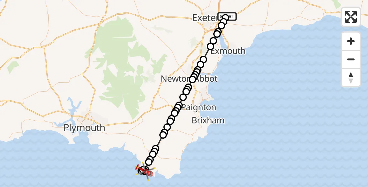 Flight route Air Ambulance Helicopter Exeter International Airport - South Hams, 24 June 2026, 20:44