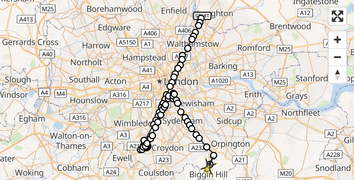 Flight route Police Helicopter Sewardstonebury - London Biggin Hill Airport, 24 June 2026, 20:46